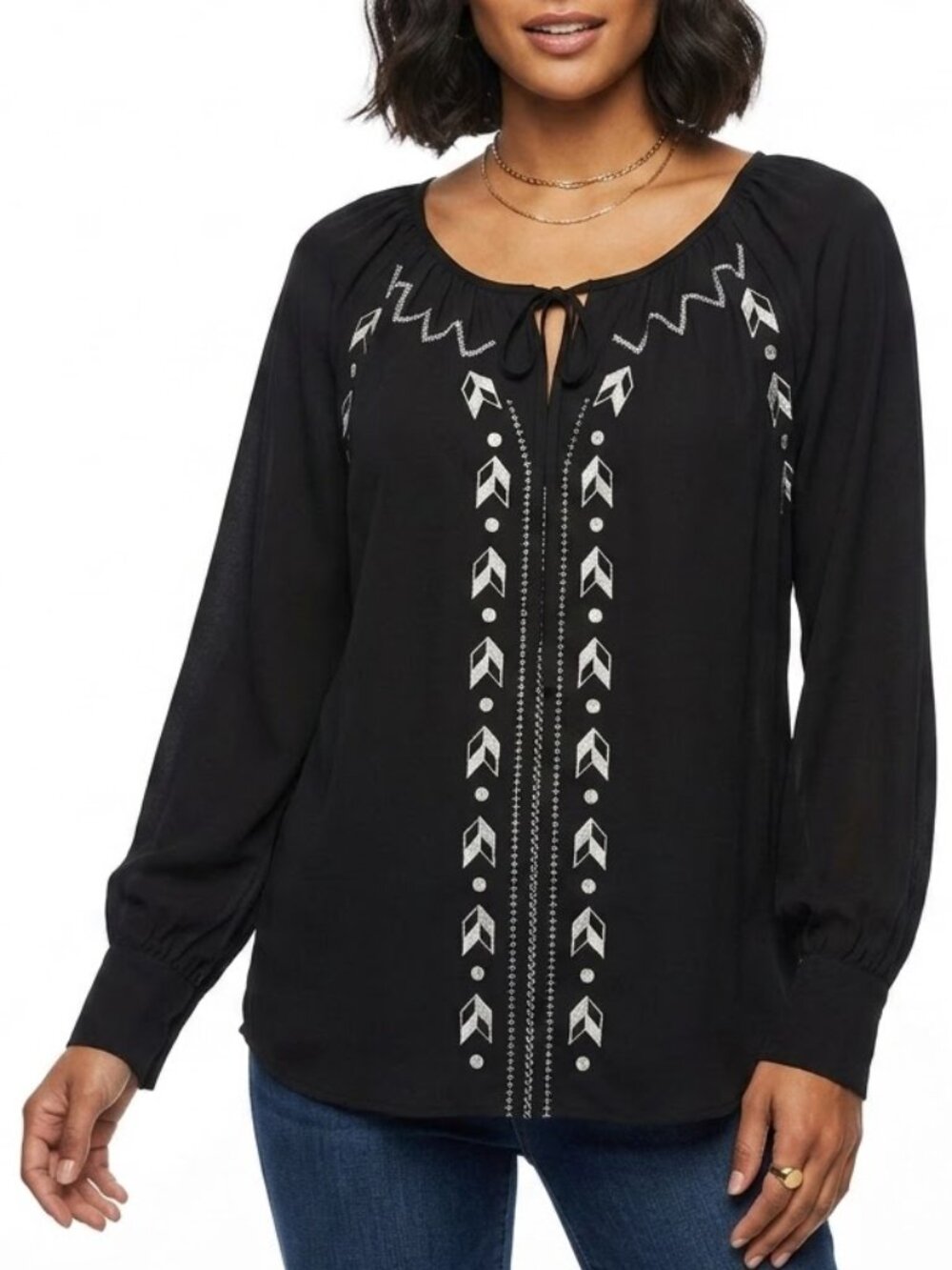 Takara Whimsigoth Embroidered Peasant Blouse Black Chiffon Boho Smocked Top M